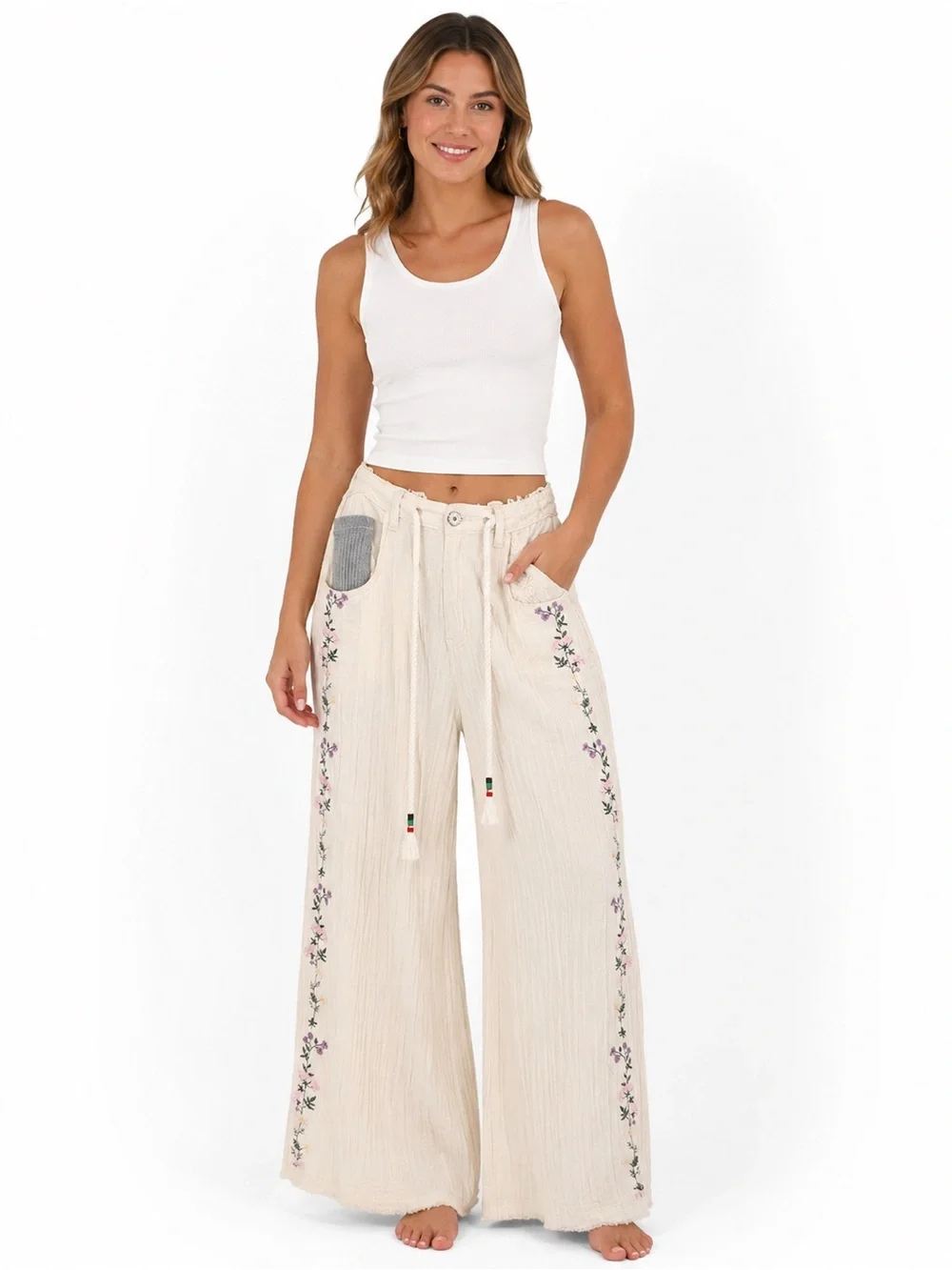 POL Cream Wide-Leg Pants with Side Floral Embroidery